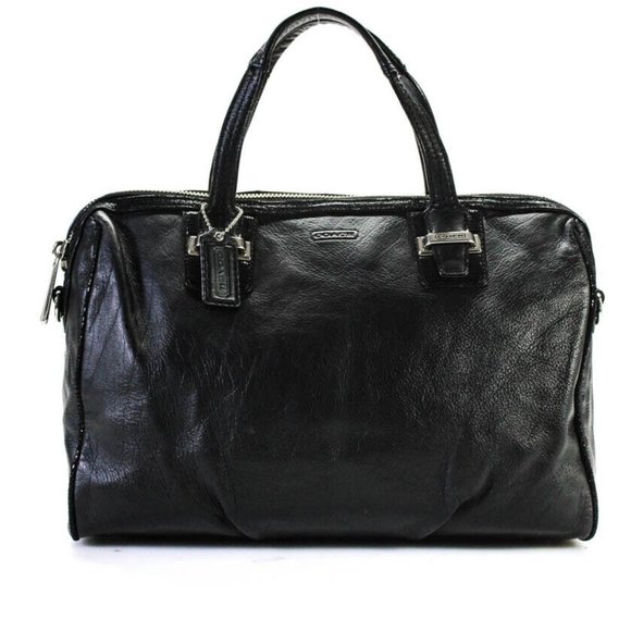 Coach Handbags - Coach Womens Shiny Suede Trim Zip Top Leather Tote Handbag Black
